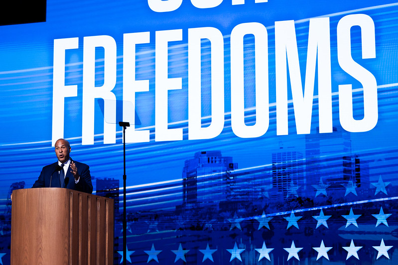 Sen. Cory Booker (D-N.J.) speaks on Wednesday, Aug. 21 at the Democratic National Convention in Chicago. Uploaded on Flickr October 2, 2024