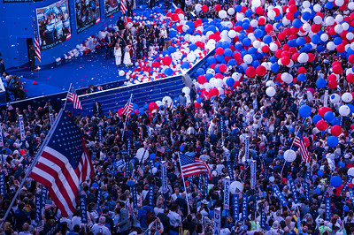 Delegates celebrate the end of the Democratic National Convention as balloons flood the stage and popping sounds are heard throughout the United Center. Uploaded to Flickr October 2, 2024