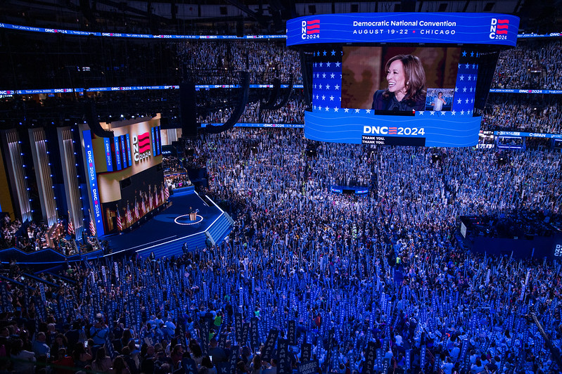 Kamala Harris addresses the crowd saying, “Thank you, thank you” as chanting continues. Fourth night of the DNC. 