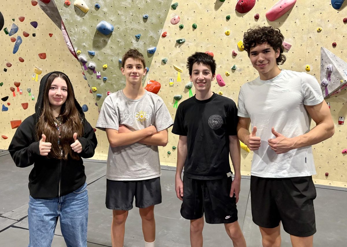 Meadow Campuzano '29, Leo Gest '29, Jonas Couzin-Frankel '27, and Andrew Lindsley '27 are enjoying the newly formed Climbing Club's excursions to the Philadelphia Rock Gym in Wyncote
