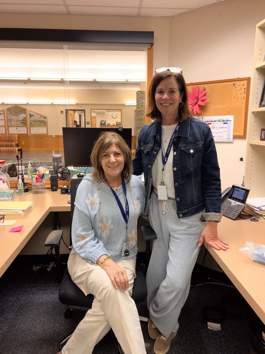 Maryann Cummiskey and Carolyn Schwartz posing together in Schwartz's office. 
