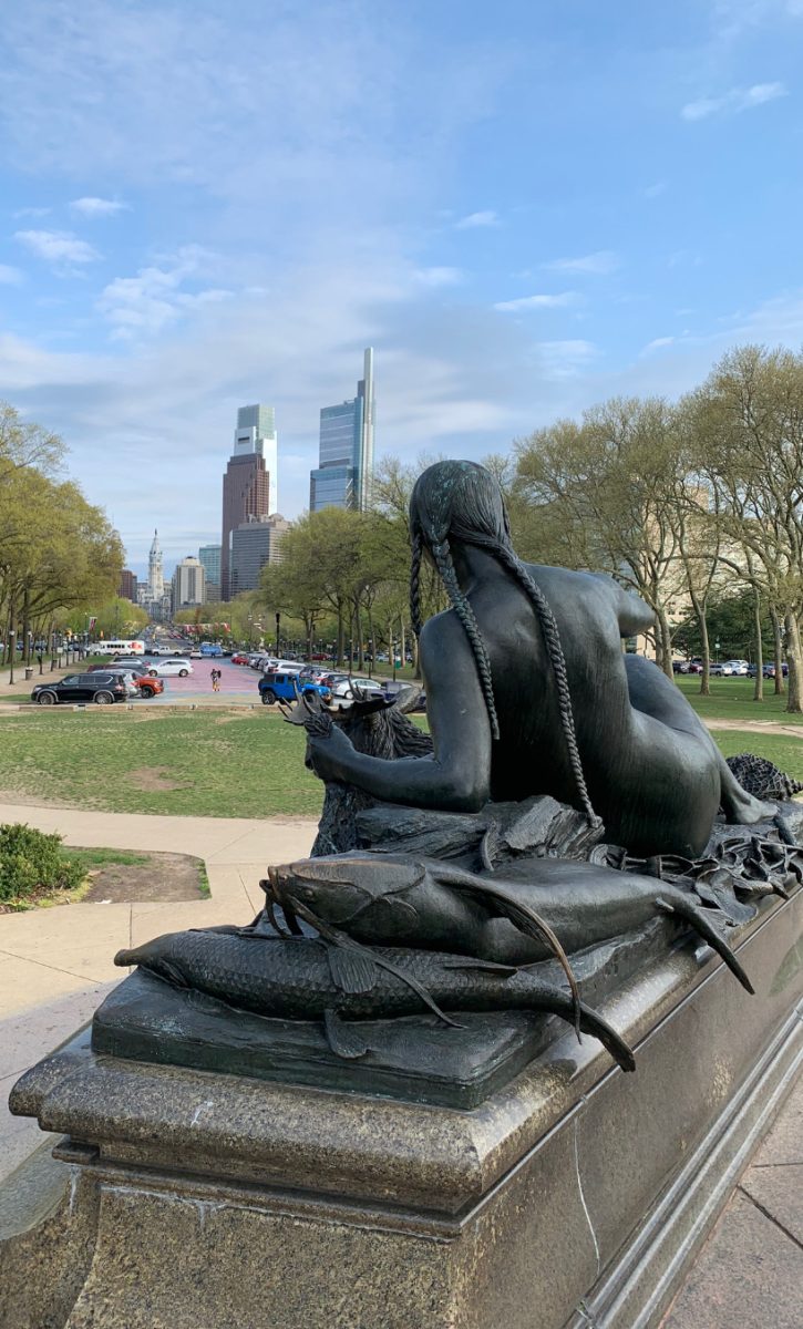 Sculpture of a Native American fisherwoman as a part of the Washington Monument outside of the Philadelphia Art Museum 