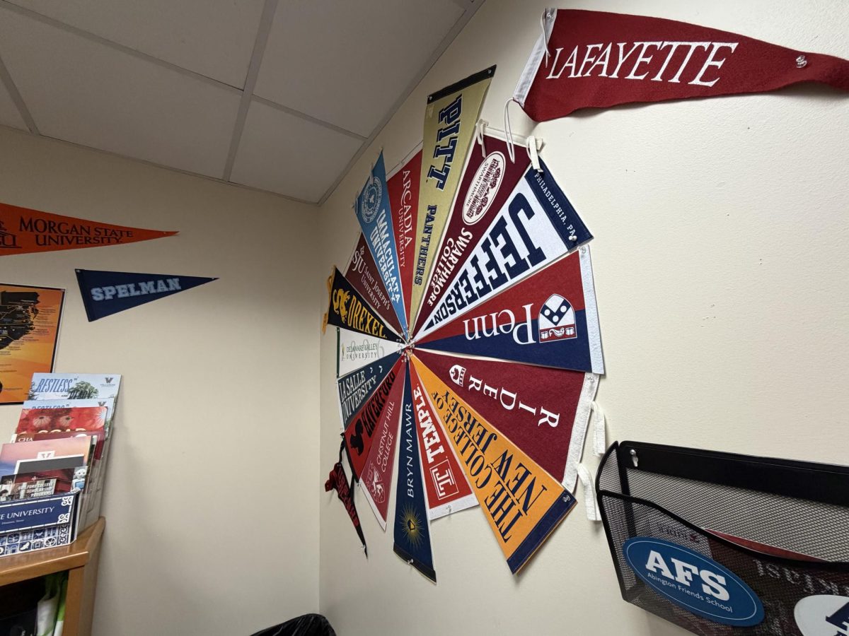 Inside the college office stands a small pinwheel of pennants that can inspire the juniors with ideas of places to apply to