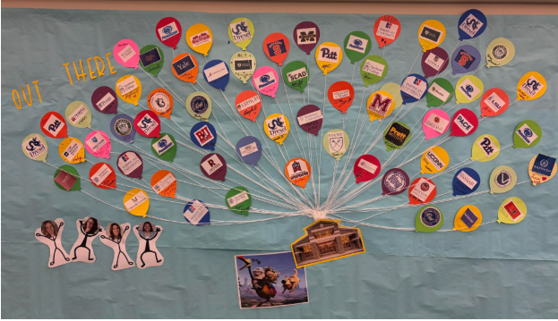 College Guidance Bulletin Board celebrating the AFS class of 2026’s college commitments 