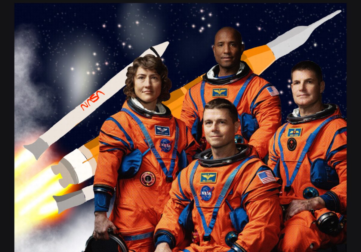 Mixed-media illustration of the Artemis II crew