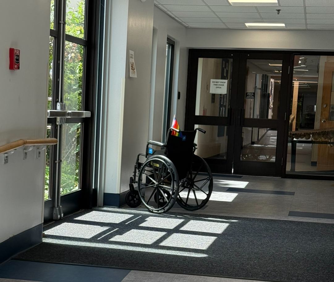 A wheelchair outside the nurse's office